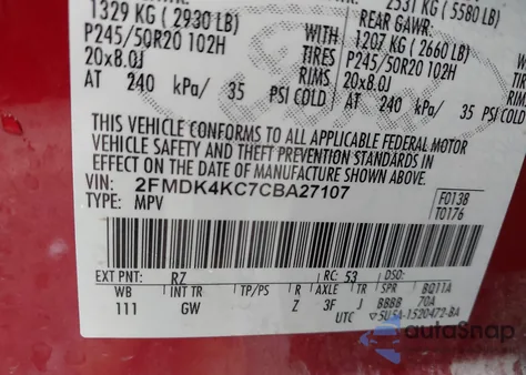 2012 Ford Edge Limited z USA, uszkodzony, nr VIN 2FMDK4KC7CBA27107